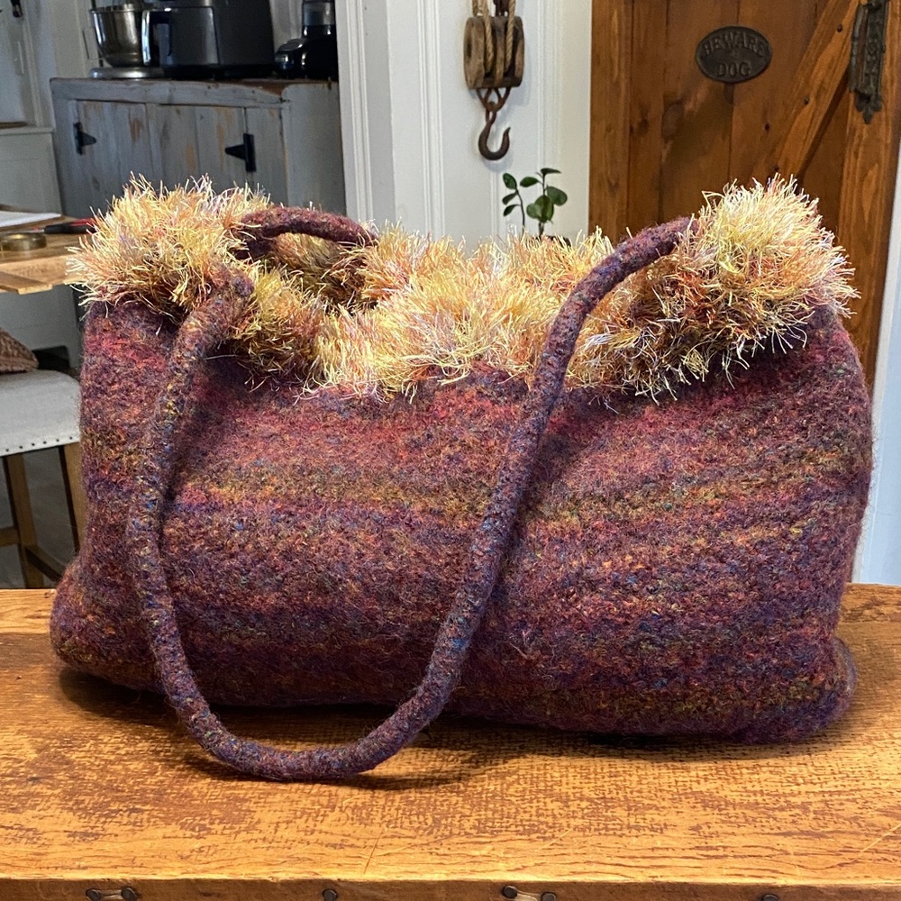 Boho large wool multicolored bag with frilly fringe